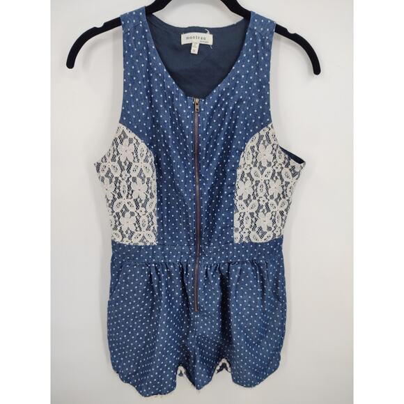 Monteau Women's Front Zip Romper Size Medium Blue Polka-dot & Lace Detail - Picture 1 of 5